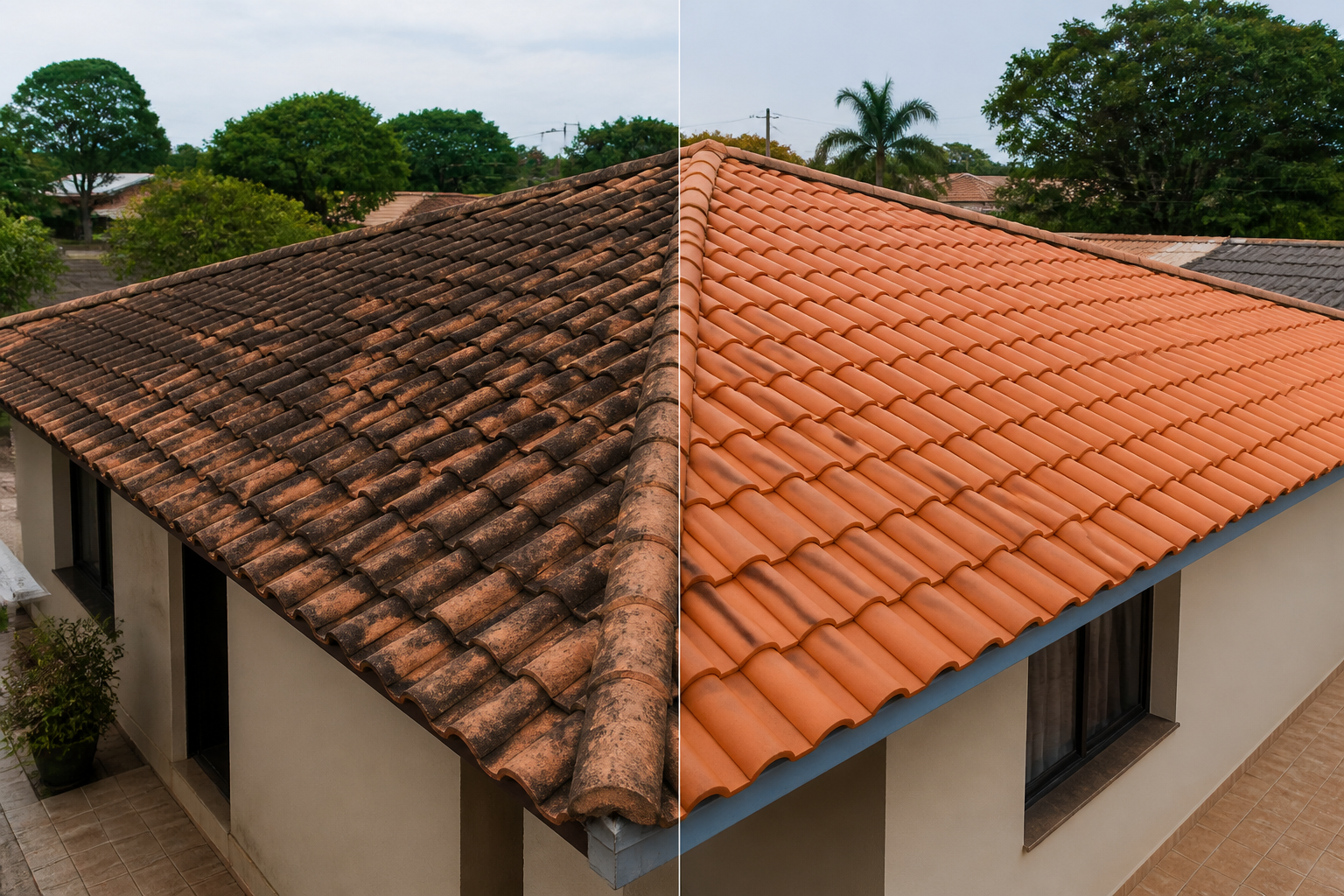 Comparação visual de telhado residencial sujo e limpo