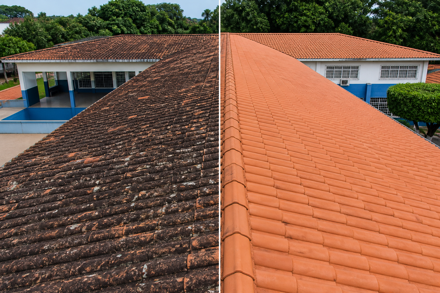 Comparação visual de telhado de escola antes e depois da limpeza