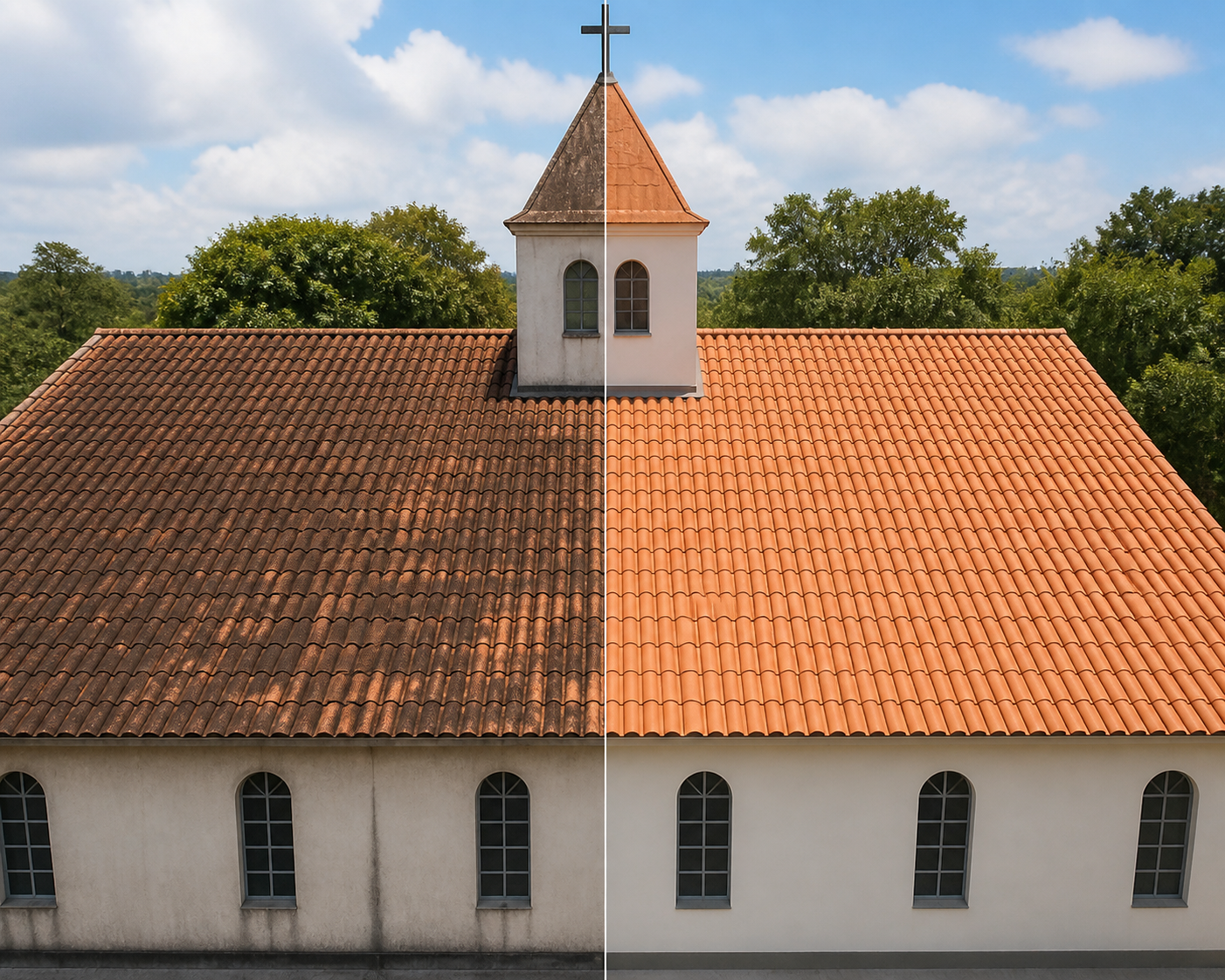 Comparação visual de telhado de igreja antes e depois da limpeza