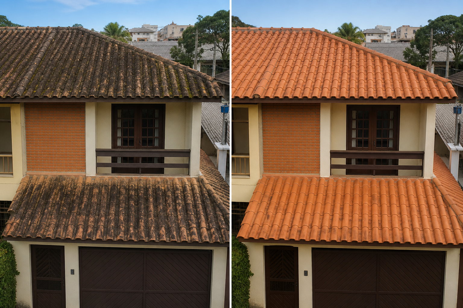 Comparação visual de telhado de sobrado antes e depois da limpeza